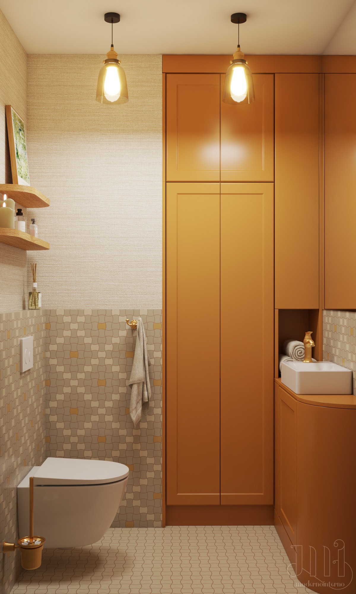 Nowoczesna łazienka w odcieniach beżu i brązu z wiszącą toaletą, szafkami w zabudowie i dekoracyjnymi lampami. Umywalka nablatowa z baterią w kolorze złota.