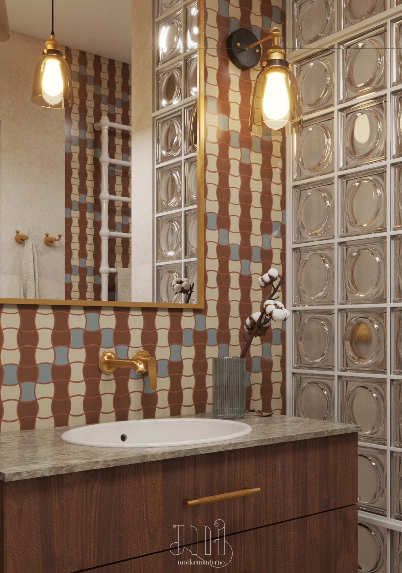 Umywalka z szafką w łazience z dekoracyjnymi płytkami i luksferami, oświetlona lampami w stylu retro. W lustrze odbija się grzejnik i wieszaki na ręczniki.