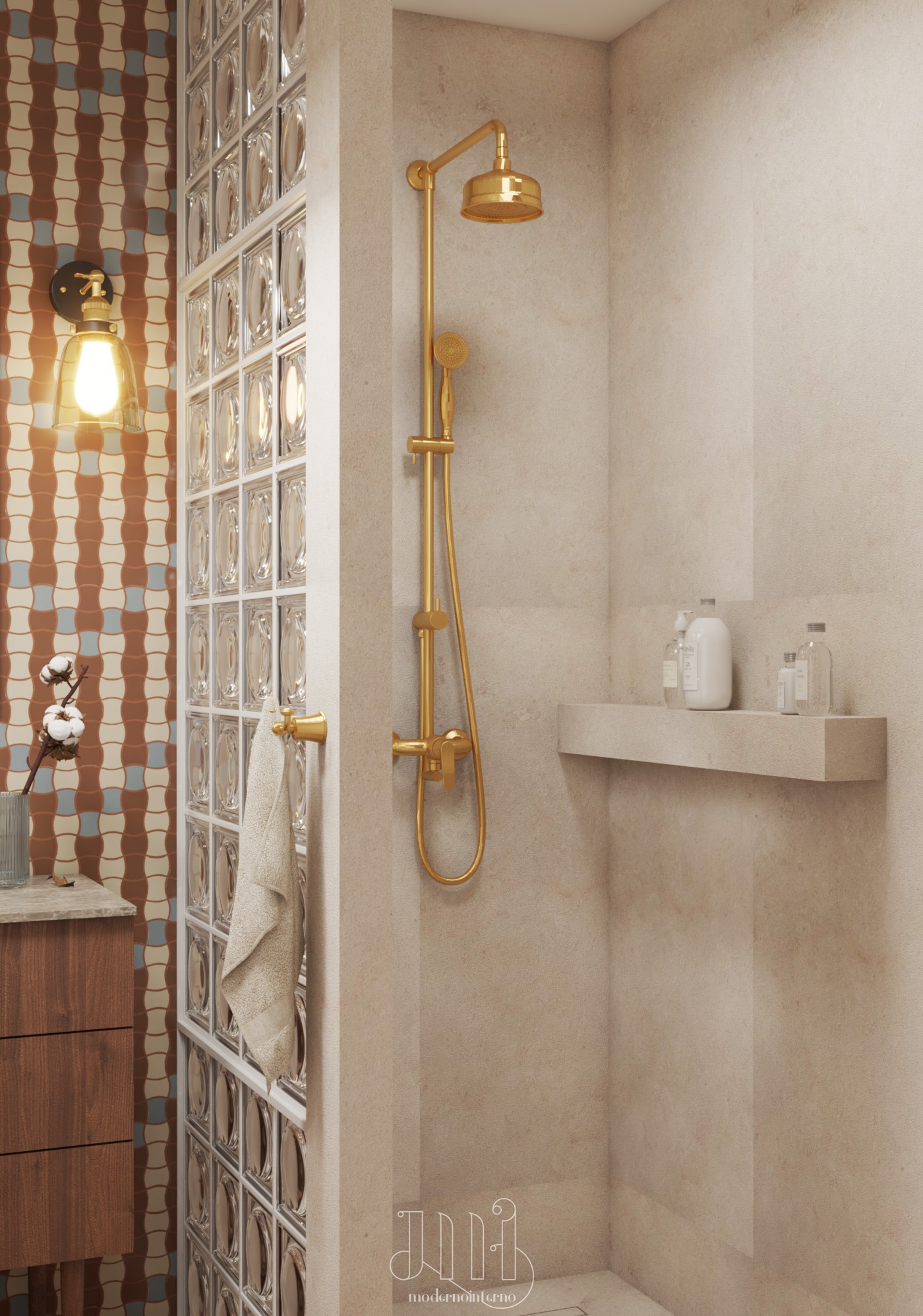 Nowoczesna łazienka z złotą armaturą, ścianką z luksferów i wzorzystą tapetą. Umywalka z drewnianą szafką i minimalistyczna półka z kosmetykami.