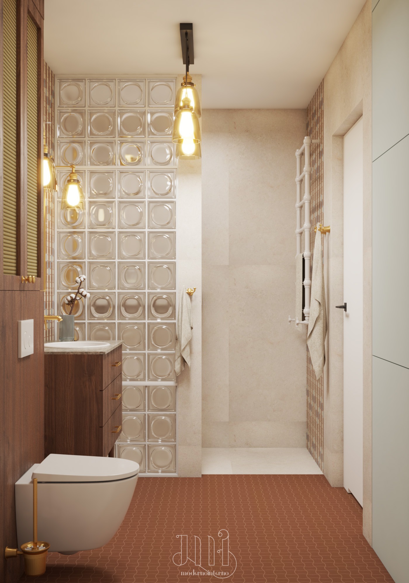 Nowoczesna łazienka z brązowymi akcentami: terakota na podłodze, drewniana szafka z umywalką, szklane luksfery i złote detale. Ciepłe oświetlenie.