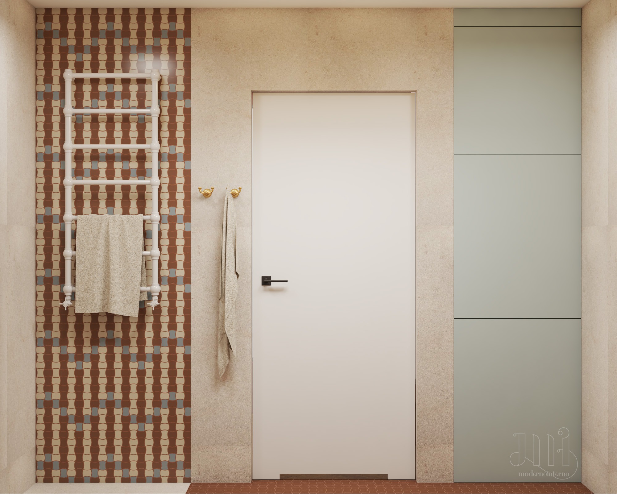 Nowoczesna łazienka z grzejnikiem drabinkowym na tle wzorzystej ściany, minimalistyczną białą szafką i drzwiami. Uwagę przyciąga subtelna kolorystyka i dbałość o detale.