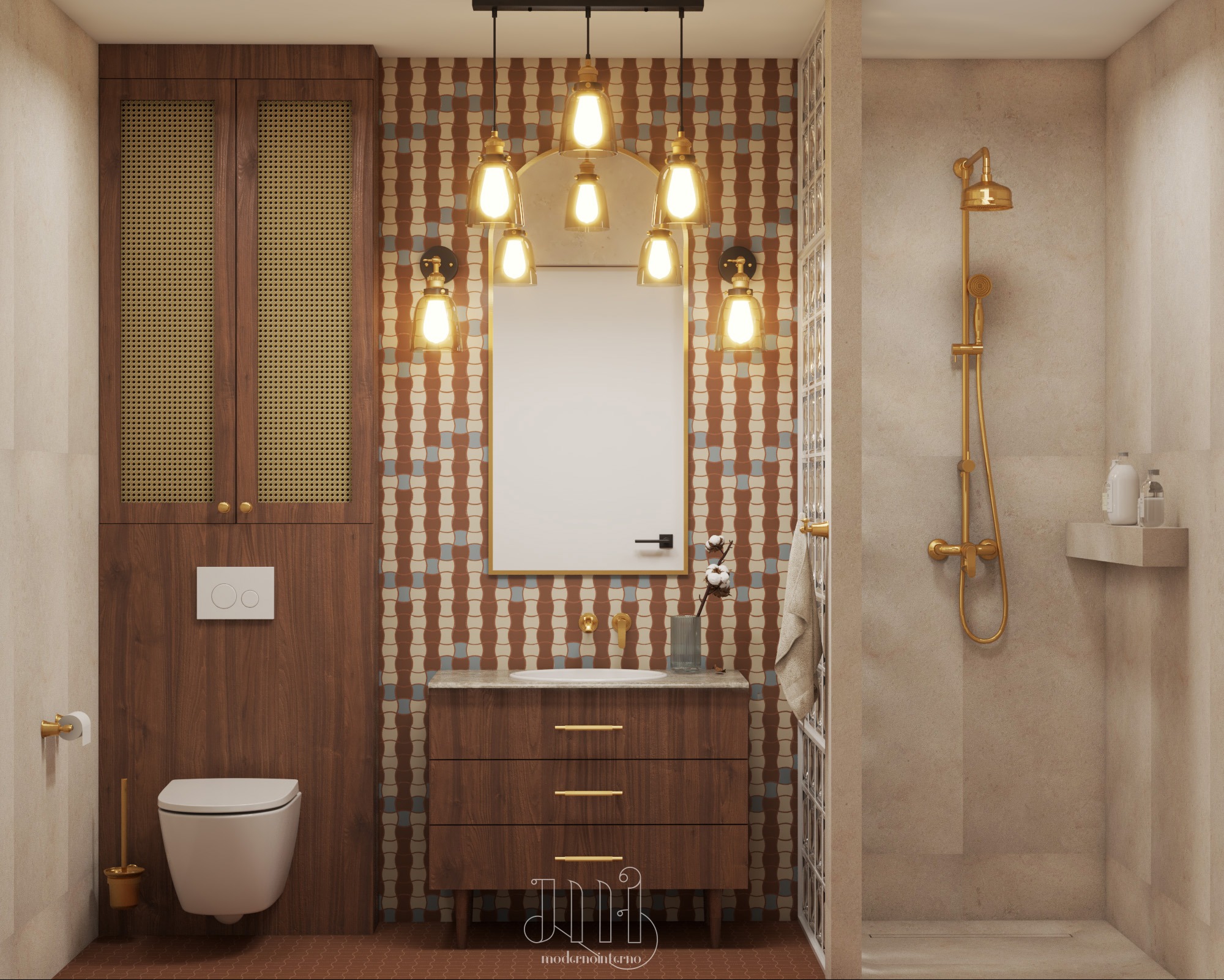 Wizualizacja łazienki w stylu retro: drewniane szafki z rattanem, wzorzyste płytki, złota armatura i oświetlenie w stylu vintage. Umywalka z blatem i kabina prysznicowa.