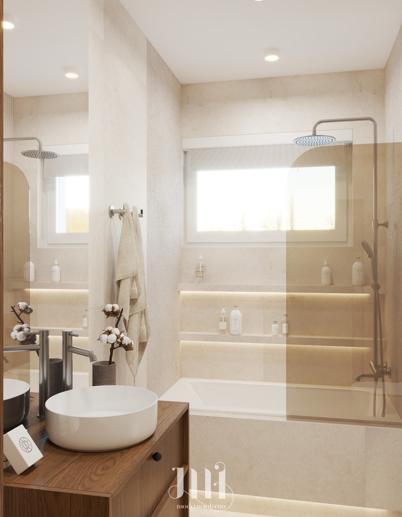 Nowoczesna łazienka w beżowej tonacji z wanną, umywalką nablatową i subtelnym oświetleniem LED w niszach. Minimalistyczny design z akcentami roślinnymi.