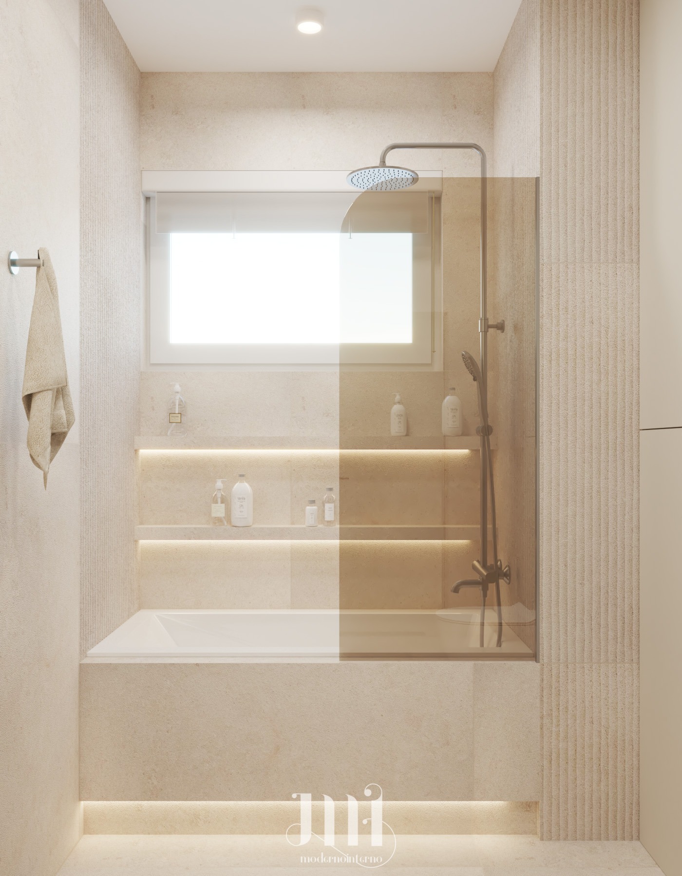 Beżowa łazienka z wanną, szklanym parawanem i oświetlonymi niszami. Minimalistyczny design, ciepłe światło, ręcznik na wieszaku. Nowoczesne wykończenie.