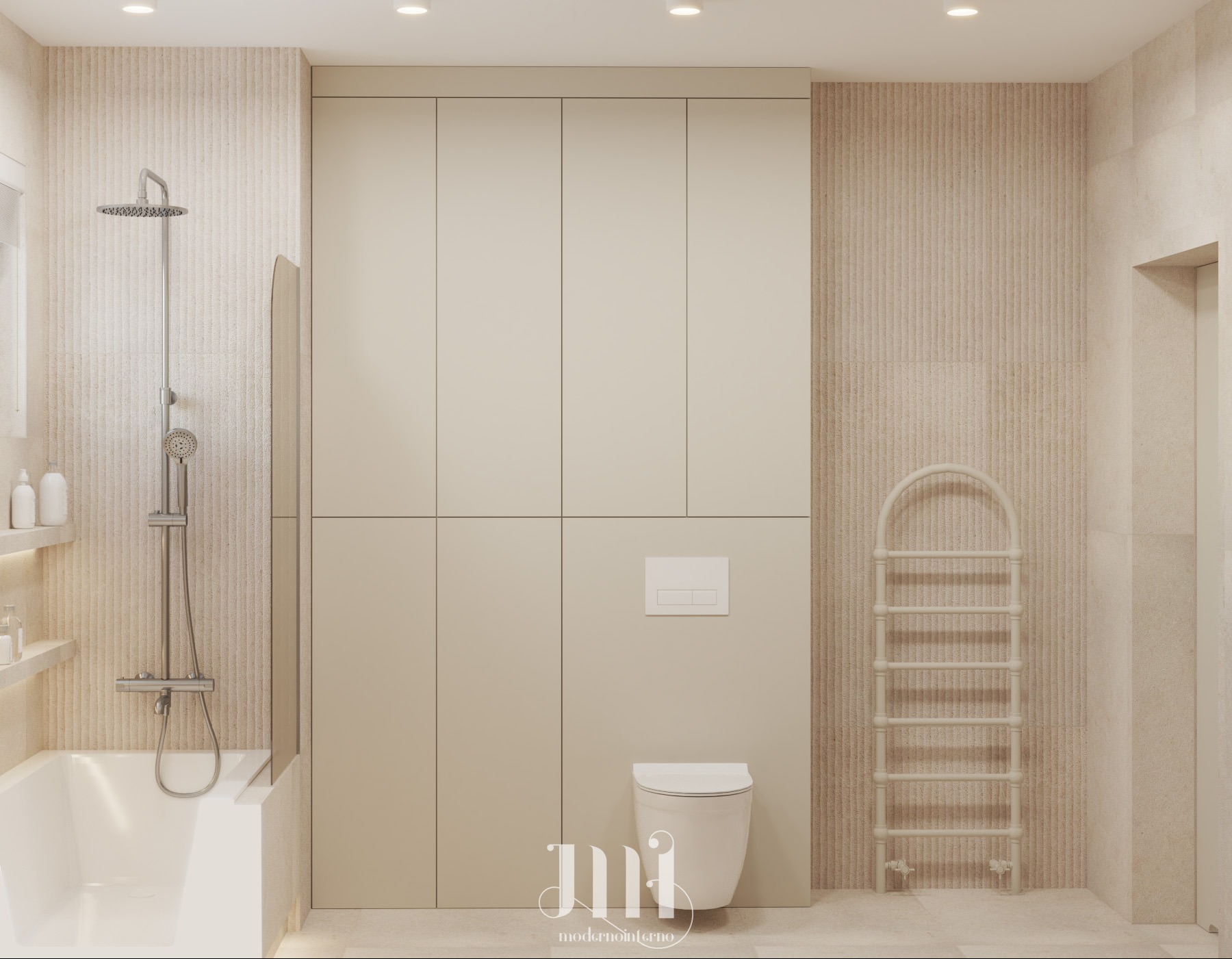 Beżowa łazienka z wanną, prysznicem, toaletą i grzejnikiem drabinkowym. Minimalistyczny design z zabudową meblową i subtelną teksturą na ścianach.