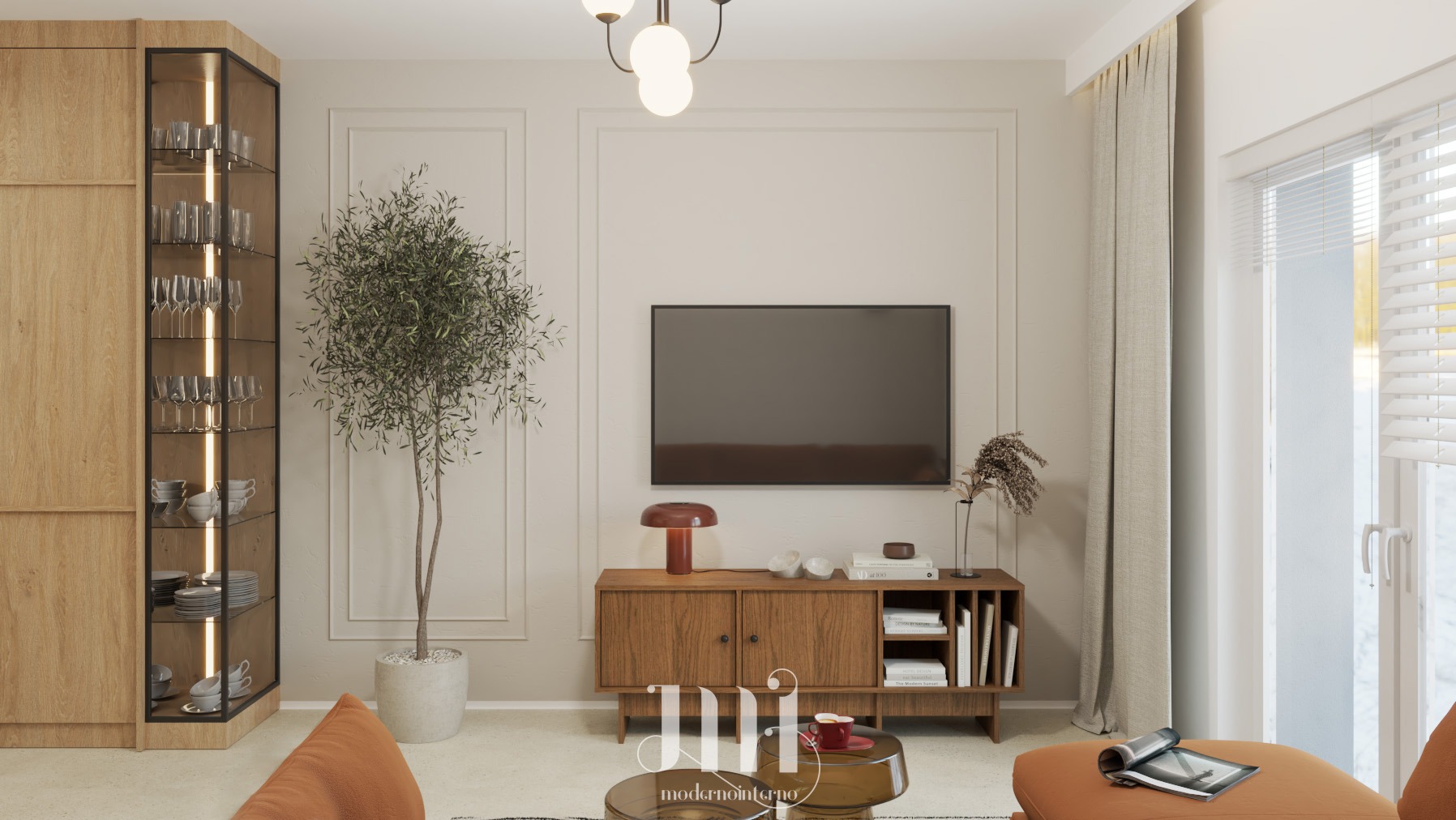 Stylowy salon z drewnianą szafką, telewizorem, rośliną w doniczce i nowoczesnym oświetleniem. Subtelna kolorystyka i minimalistyczny design.