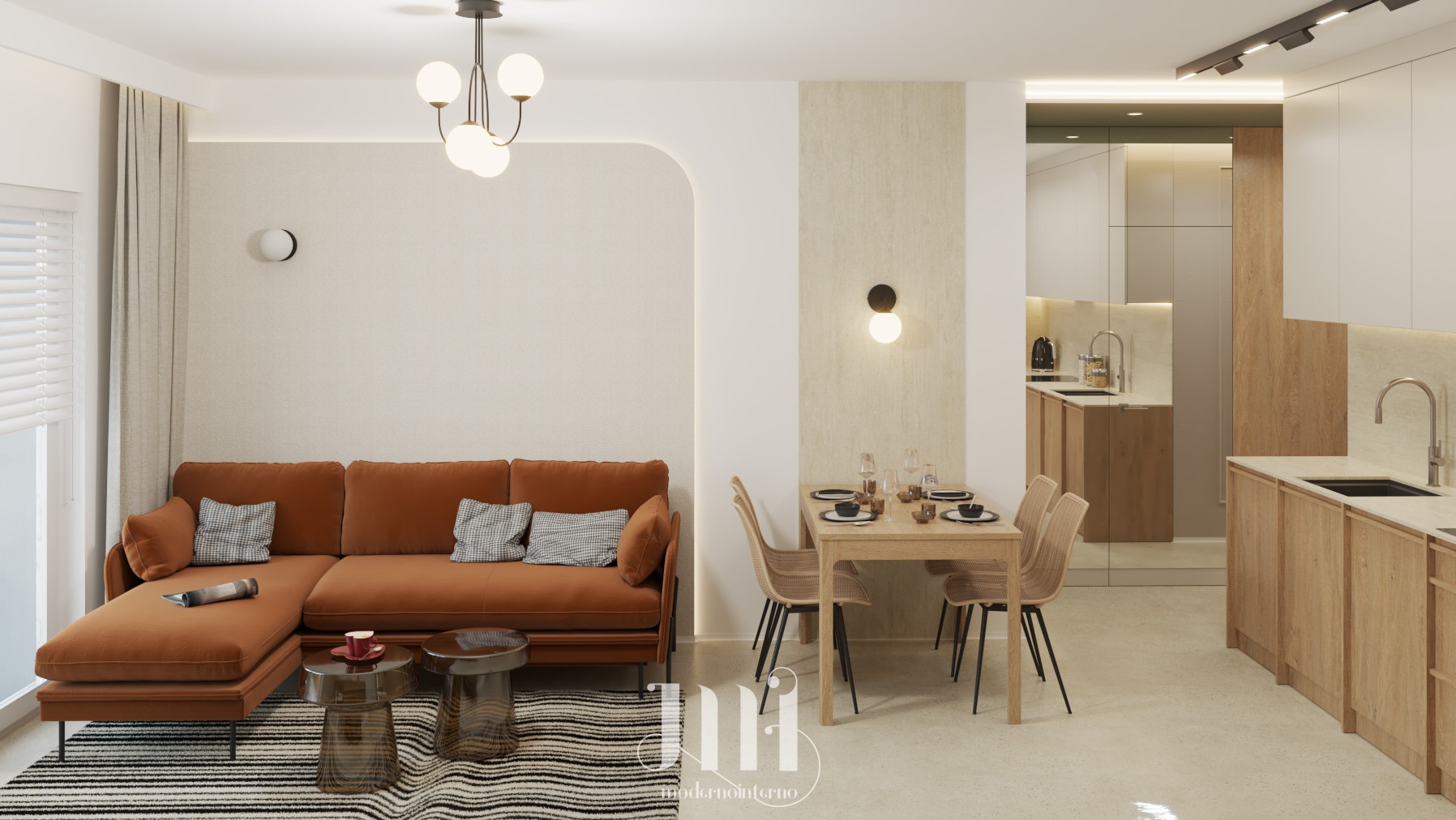 Nowoczesne wnętrze: salon z pomarańczową sofą narożną, stolikami kawowymi, jadalnią i otwartą kuchnią z drewnianymi szafkami. Minimalistyczny design, ciepłe oświetlenie.