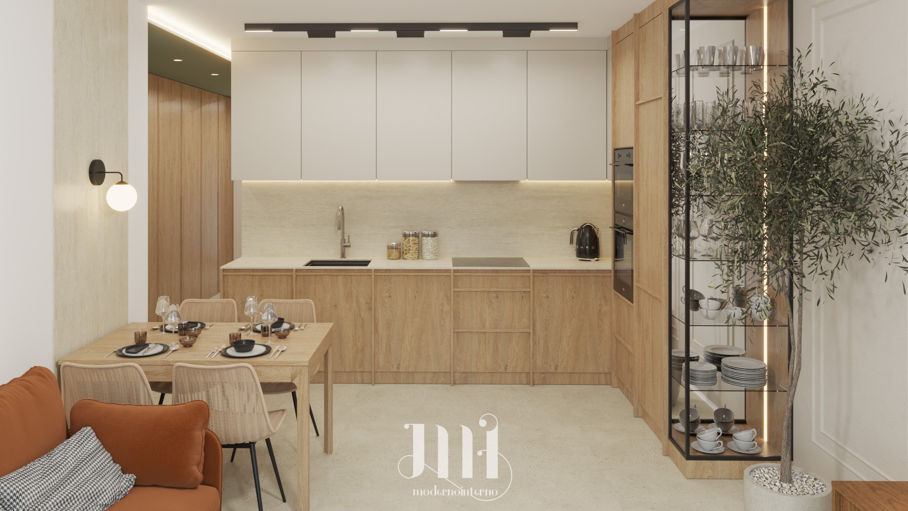 Jasna kuchnia z drewnianymi szafkami, nakrytym stołem i rośliną w rogu. Nowoczesne oświetlenie i minimalistyczny design. Widok na część jadalną z sofą.