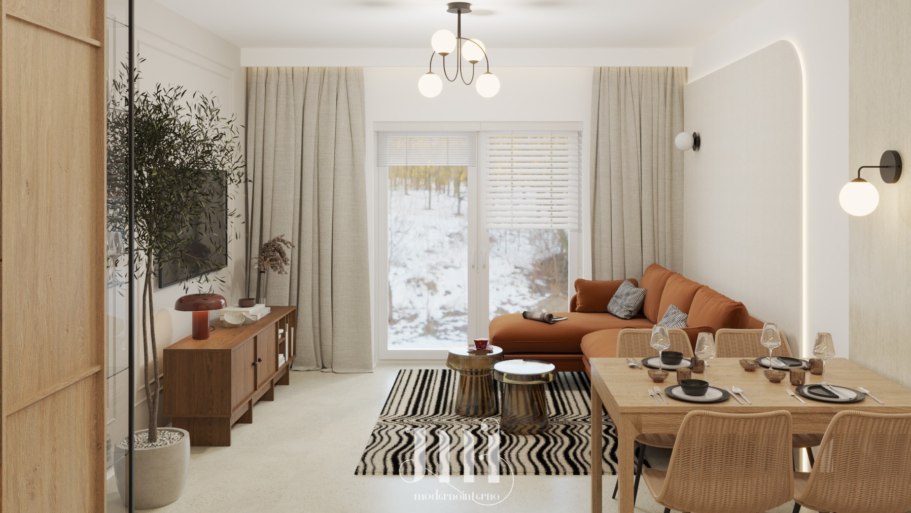 Jasne wnętrze salonu z brązową sofą narożną, drewnianym stołem i rattanowymi krzesłami. Za oknem zimowy krajobraz. Oświetlenie kuliste, dywan w zygzaki.