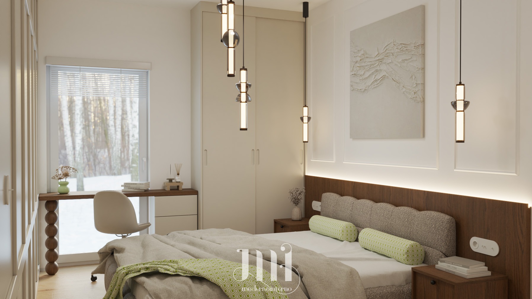 Jasna sypialnia z łóżkiem, biurkiem przy oknie i designerskimi lampami wiszącymi. Minimalistyczny wystrój z drewnianymi akcentami i stonowaną kolorystyką. Dekoracyjne panele ścienne.