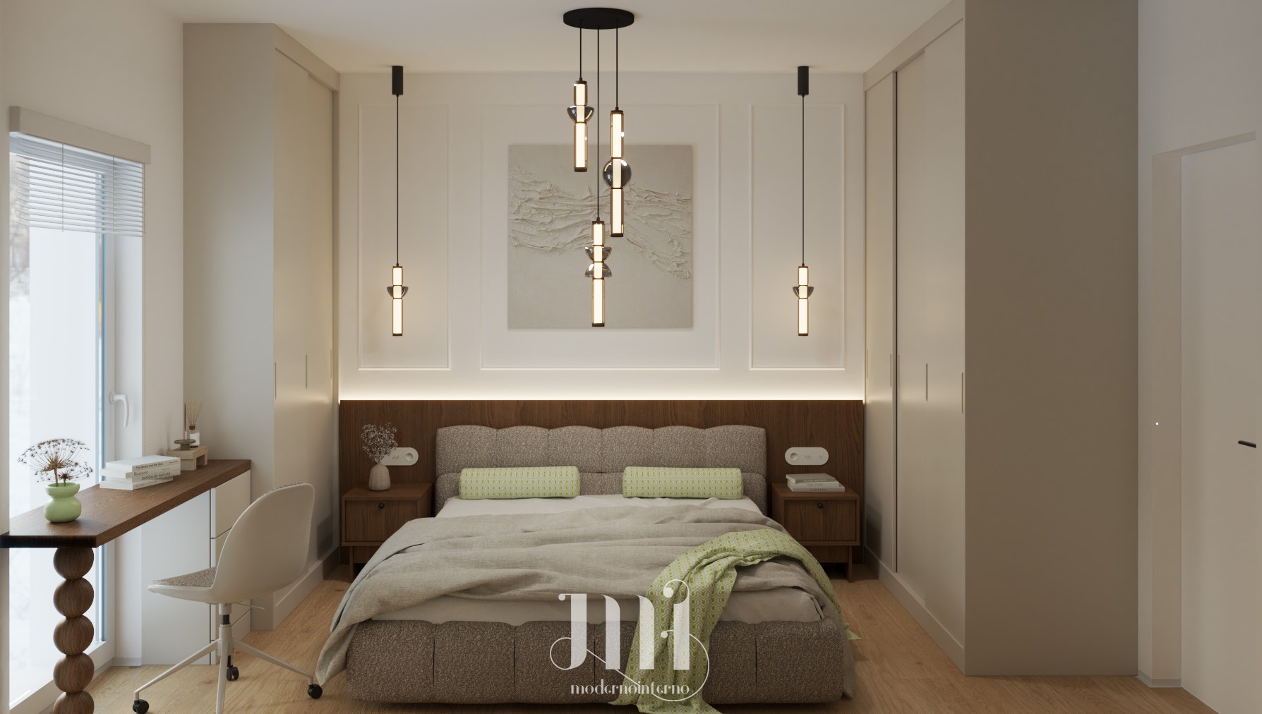 Nowoczesna sypialnia z łóżkiem, drewnianym zagłówkiem i lampami wiszącymi. Na ścianie dekoracyjny obraz. Biurko z krzesłem przy oknie z żaluzjami.