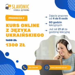 Promocja na kurs online z języka ukraińskiego: zajęcia grupowe, 60 godzin lekcyjnych, od 21 zł za godzinę lekcyjną. Kobieta w słuchawkach uśmiecha się, patrząc na laptopa. Logo szkoły językowej...