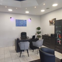 Kancelaria Radcy Prawnego Radca Prawny Joanna Wołek - Nowoczesne biuro prawnicze z ciemnymi meblami, szarymi krzesłami i abstrakcyjnym obrazem na ścianie, oświetlone punktowymi lampami.