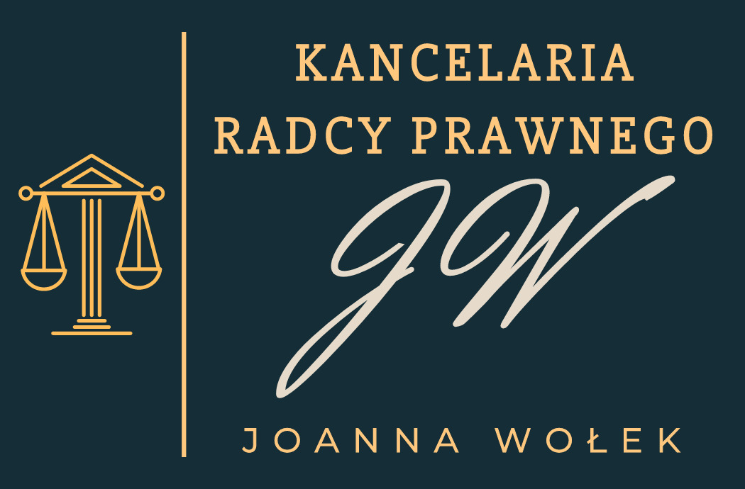 Eleganckie logo kancelarii prawnej Joanna Wołek na ciemnym tle, z symbolem wagi sprawiedliwości i inicjałami JW w ozdobnej czcionce.