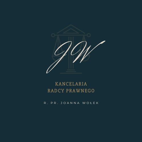 Logo Kancelarii Radcy Prawnego Joanna Wołek z motywem wagi sprawiedliwości i inicjałami JW na ciemnoniebieskim tle.