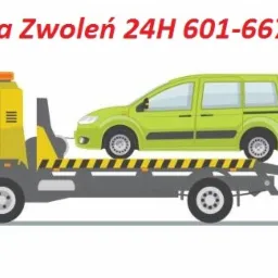 Ilustracja lawety z załadowanym zielonym minivanem, z napisem 'Laweta Zwoleń 24H 601-667-060' u góry.