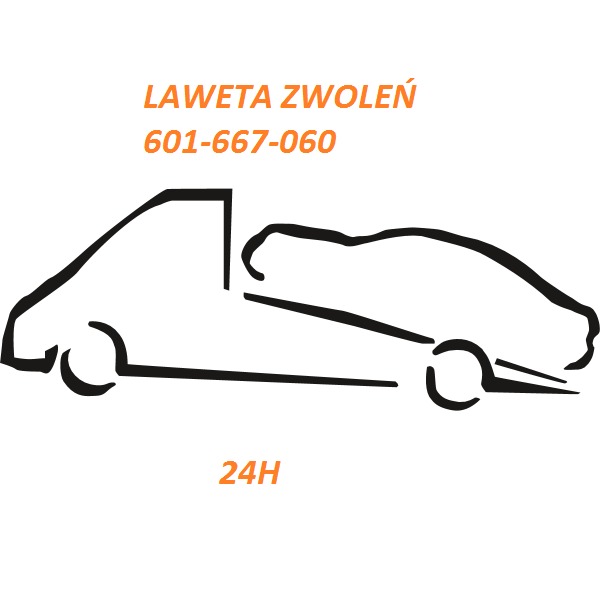 Grafika przedstawiająca schematyczną lawetę z numerem telefonu i informacją o dostępności 24H, Laweta Zwoleń.
