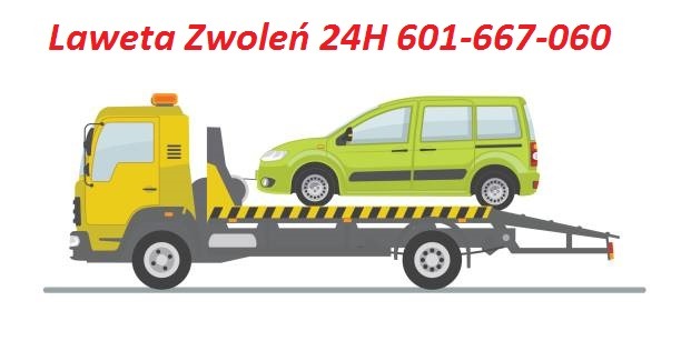 Ilustracja lawety z załadowanym zielonym minivanem, z napisem 'Laweta Zwoleń 24H 601-667-060' u góry.