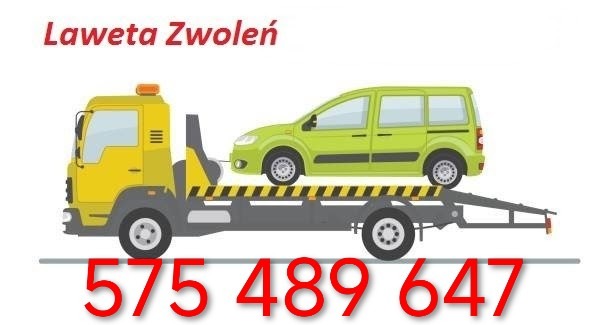 Grafika lawety z zielonym autem na platformie, napis 'Laweta Zwoleń' i numer telefonu w czerwonej czcionce. Ilustracja na białym tle.