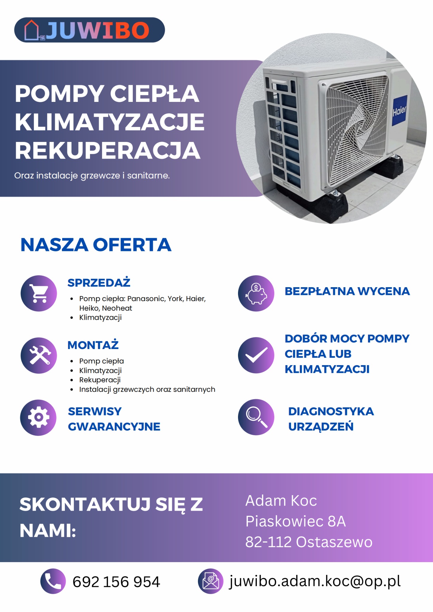 Grafika reklamowa firmy Juwibo prezentująca klimatyzator Haier, z ofertą sprzedaży, montażu i serwisu pomp ciepła, klimatyzacji i rekuperacji, oraz danymi kontaktowymi.