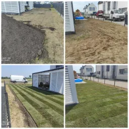 Czteropanelowe zdjęcie przedstawia etapy zakładania trawnika: przygotowanie gleby z hałdą ziemi, wyrównany teren, ułożone pasy trawy z rolki i finalny efekt z równo ułożonym trawnikiem przy...