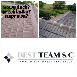 BEST TEAM s.c - Zdjęcie przedstawia porównanie fragmentów dachu: po lewej stronie dach z widocznymi zabrudzeniami, po prawej czysty dach z brązowej dachówki ceramicznej, w dolnej części logo firmy 'BEST TEAM S.C'...