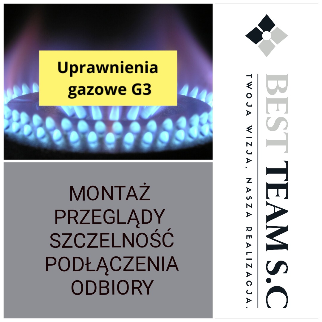 Grafika reklamowa firmy gazowniczej z płomieniem palnika gazowego, informacją o uprawnieniach G3 oraz hasłami: montaż, przeglądy, szczelność, podłączenia, odbiory i logo firmy Best Team S.C.