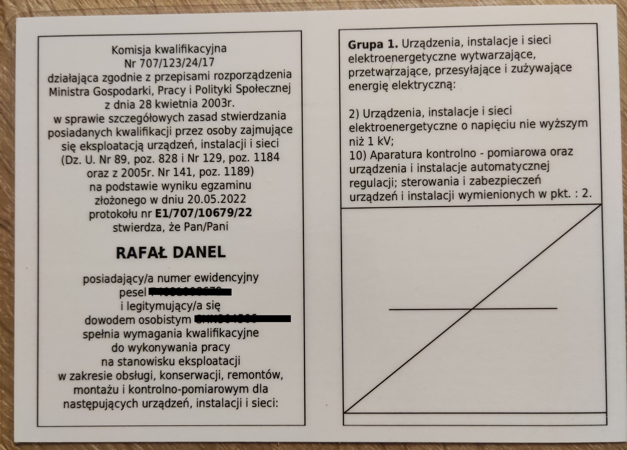 Skan dokumentu potwierdzającego kwalifikacje elektryczne, z informacjami o komisji kwalifikacyjnej, numerze protokołu i zakresie uprawnień do eksploatacji urządzeń, instalacji i sieci...