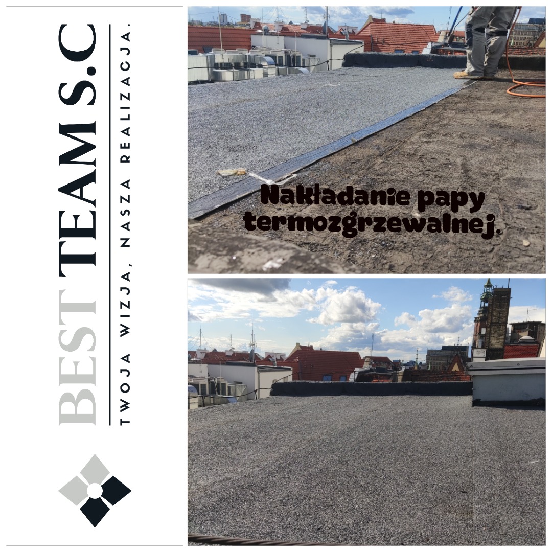 Dwuczęściowe ujęcie dachu płaskiego podczas prac dekarskich, z bliska widoczne nakładanie papy termozgrzewalnej, w tle panorama miasta z kominami i budynkami.