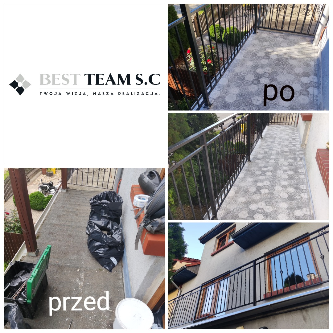 Porównanie balkonu przed i po renowacji: widoczne czarne worki na śmieci i narzędzia przed, a odnowiona balustrada i wzorzysta posadzka po, z logo firmy w lewym górnym rogu.