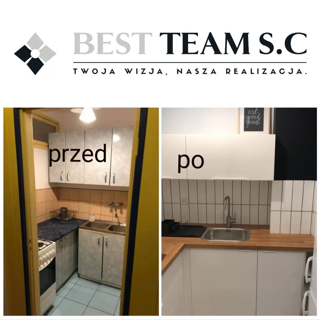 Porównanie kuchni przed i po remoncie, z logo firmy BEST TEAM S.C. u góry. Po lewej stronie stara kuchnia z niebieską podłogą i beżowymi płytkami, po prawej odnowiona, jasna kuchnia z drewnianym...