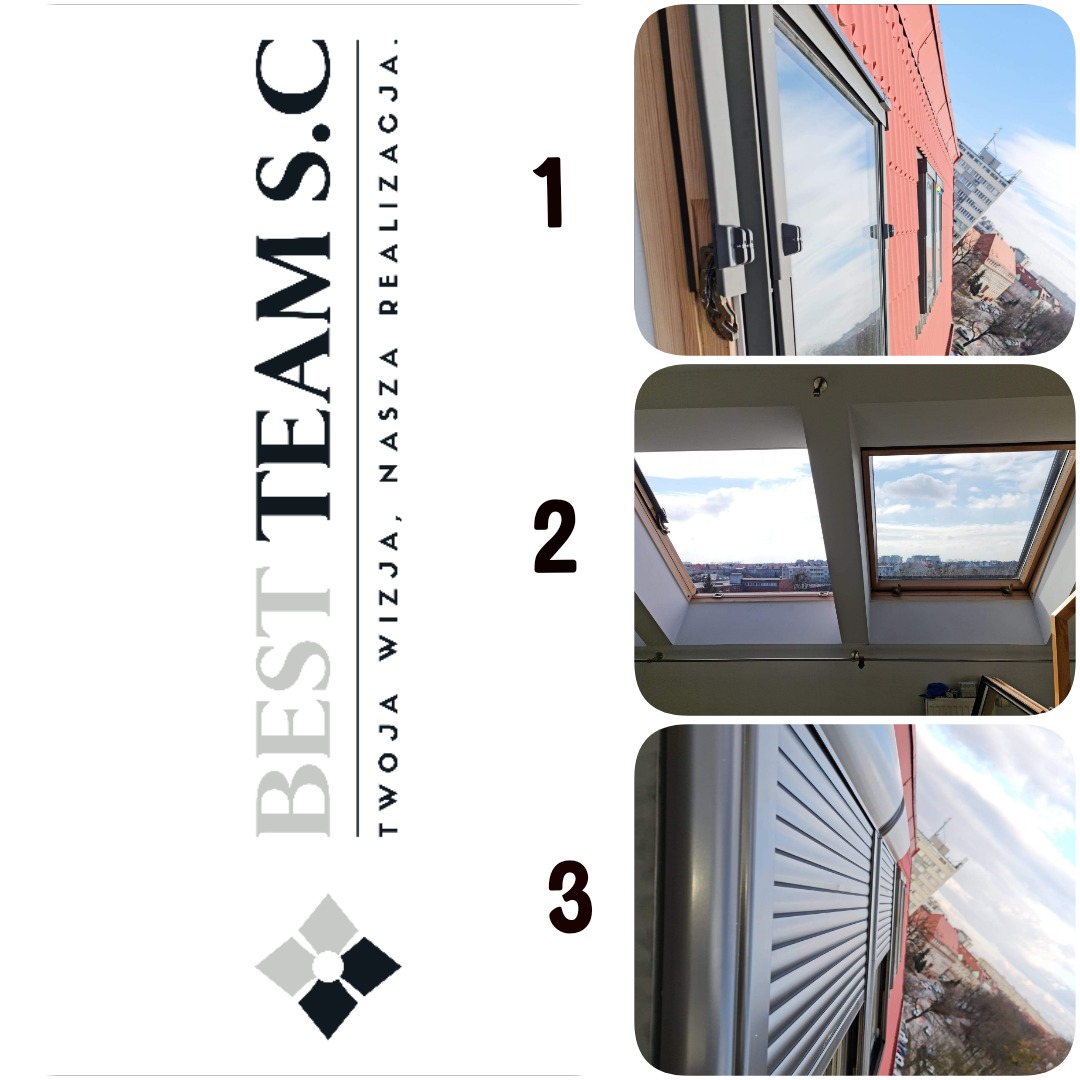 Kompozycja trzech zdjęć: okno dachowe z roletą zewnętrzną na tle czerwonej elewacji, widok z wnętrza na dwa okna dachowe z widokiem na miasto, fragment zwiniętej rolety zewnętrznej na oknie.