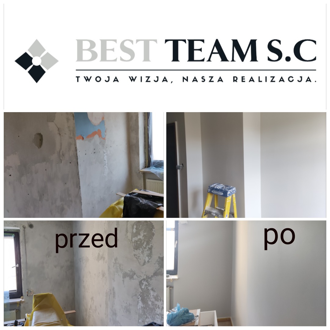 Fotografia kolażowa prezentująca remont pokoju przed i po, z widocznymi surowymi ścianami w fazie przygotowania do malowania oraz gładkimi, pomalowanymi na szaro ścianami po zakończeniu prac. W tle...