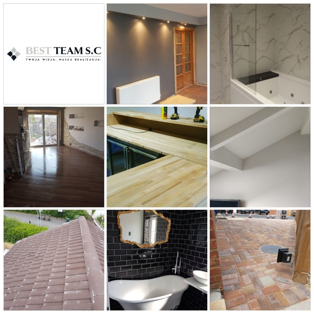 Zestawienie zdjęć przedstawiających różnorodne realizacje: logo firmy, łazienka z wanną na tle czarnych płytek, fragment dachu z brązowej dachówki, fragment baru z drewnianym blatem i narzędziami...