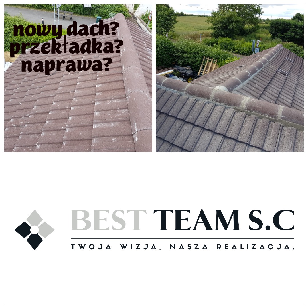 Zdjęcie przedstawia porównanie fragmentów dachu: po lewej stronie dach z widocznymi zabrudzeniami, po prawej czysty dach z brązowej dachówki ceramicznej, w dolnej części logo firmy 'BEST TEAM S.C'...