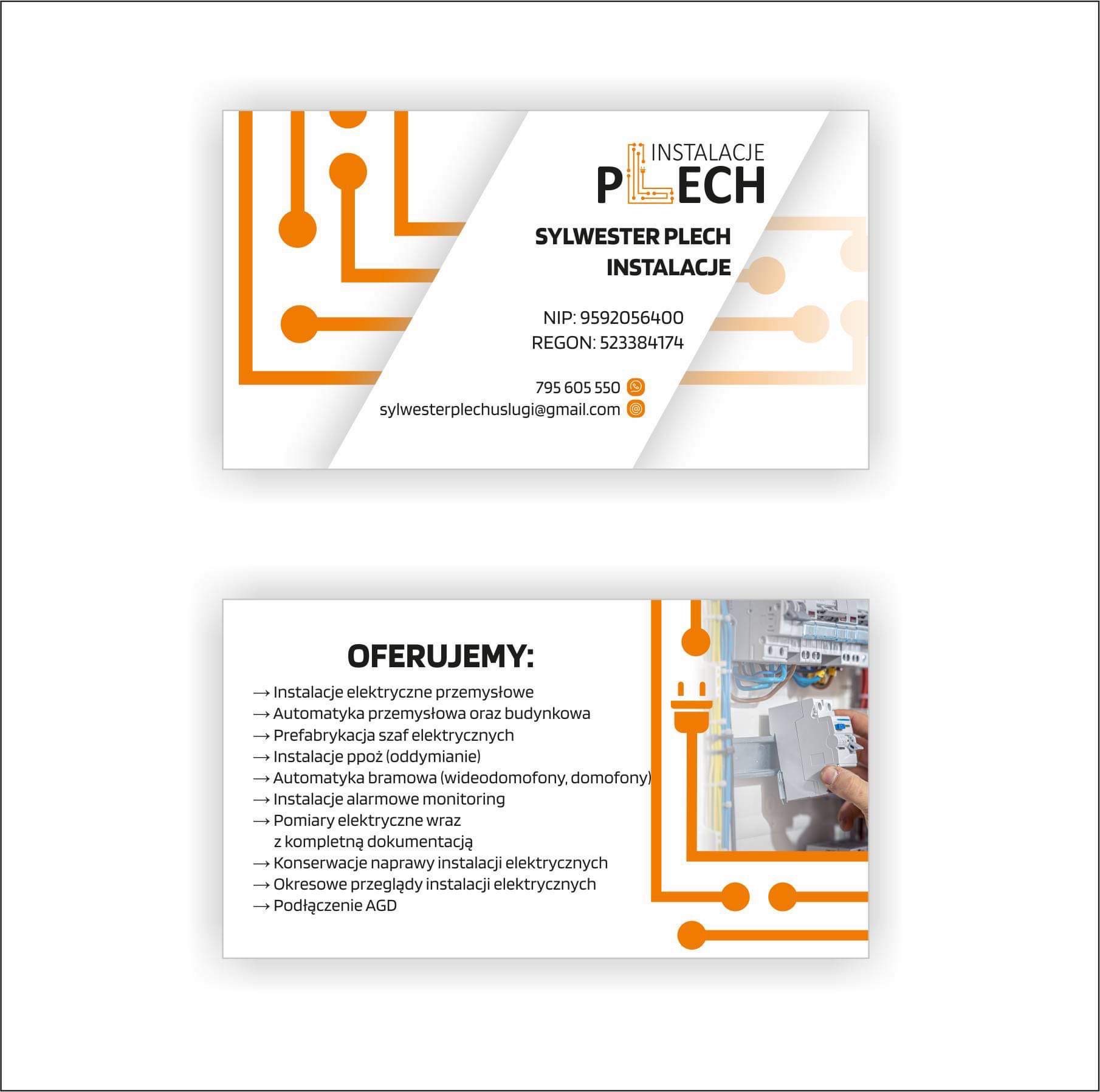 Wizytówka firmy instalacyjnej Sylwester Plech z pomarańczowym logo schematu elektrycznego i ofertą usług obejmującą instalacje elektryczne, automatykę, prefabrykację szaf, instalacje ppoż...