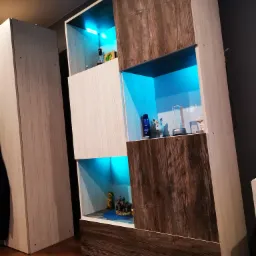 Nowoczesna szafa modułowa z podświetlanymi półkami, eksponująca dekoracyjne przedmioty, z widoczną strukturą drewna na frontach.