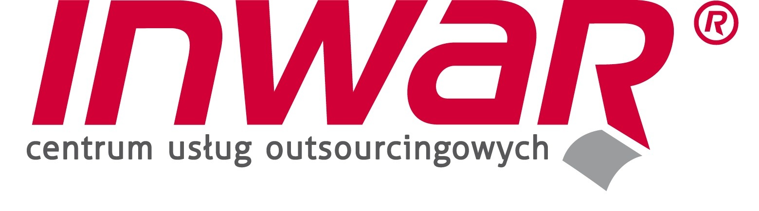 Czerwono-szare logo firmy INWAR, centrum usług outsourcingowych, z symbolem znaku rejestracji
