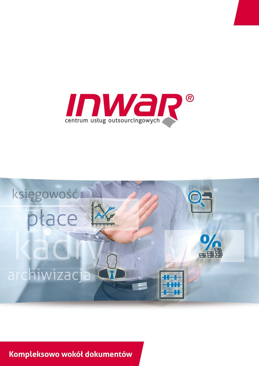Grafika promująca centrum usług outsourcingowych Inwar, prezentująca hasła księgowość, płace, kadry, archiwizacja oraz ikonografiki związane z finansami i zasobami ludzkimi, na tle dłoni i sylwetki...
