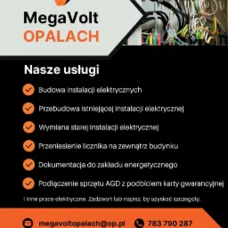 Zdjęcie przedstawia reklamę firmy MegaVolt OPALACH oferującej usługi elektryczne, na tle rozdzielnicy elektrycznej z widocznymi kablami i przewodami.