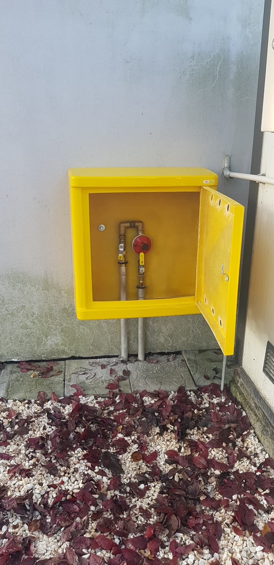 Żółta skrzynka z otwartymi drzwiczkami, zawierająca instalację gazową z reduktorem i zaworami, umieszczona na zewnątrz budynku, otoczona kamieniami i liśćmi.