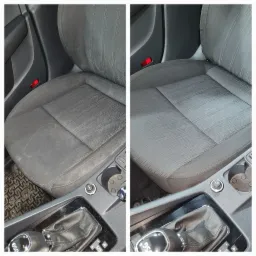 Porównanie fotela samochodowego z szarą tapicerką: po lewej stronie widoczny brudny fotel, po prawej - ten sam fotel po czyszczeniu, z widoczną różnicą w czystości.