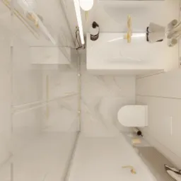 Wnętrze łazienki z kabiną prysznicową, umywalką, toaletą i grzejnikiem drabinkowym, wykończone w bieli i beżach z akcentami złotymi, widok z góry.