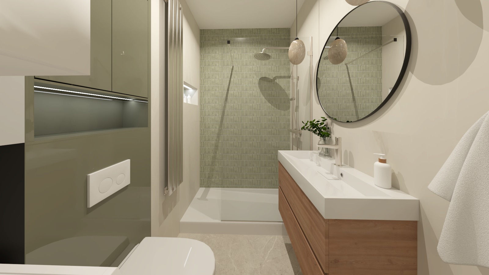 Wizualizacja nowoczesnej łazienki z kabiną prysznicową typu walk-in, umywalką nablatową na drewnianej szafce, okrągłym lustrem w czarnej ramie i wiszącą toaletą z zabudowanym systemem spłukiwania.