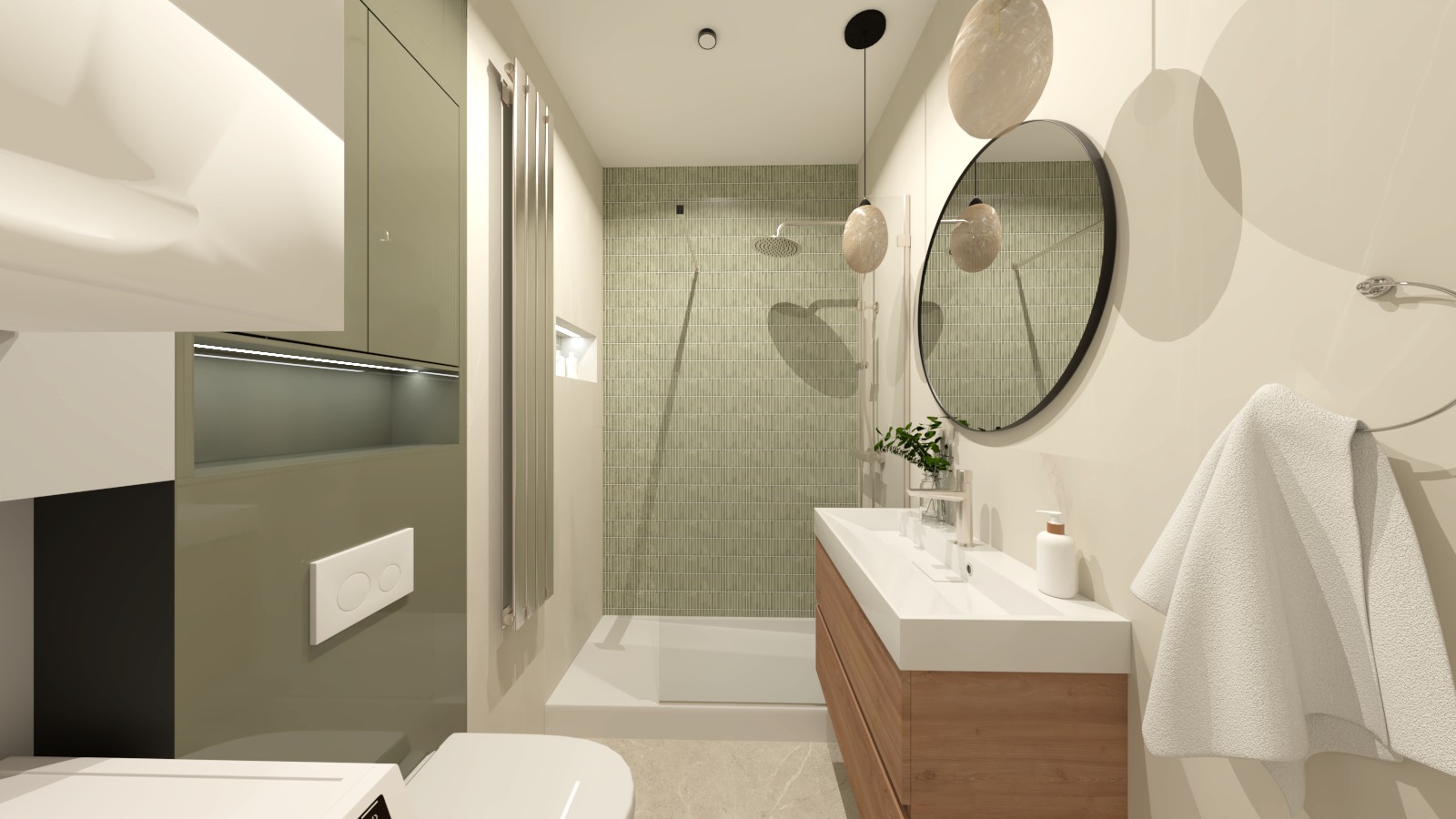 Wizualizacja nowoczesnej łazienki z kabiną prysznicową wyłożoną pionowymi, oliwkowymi płytkami, drewnianą szafką pod umywalką, okrągłym lustrem z czarną ramą i wiszącymi lampami z beżowego kamienia.
