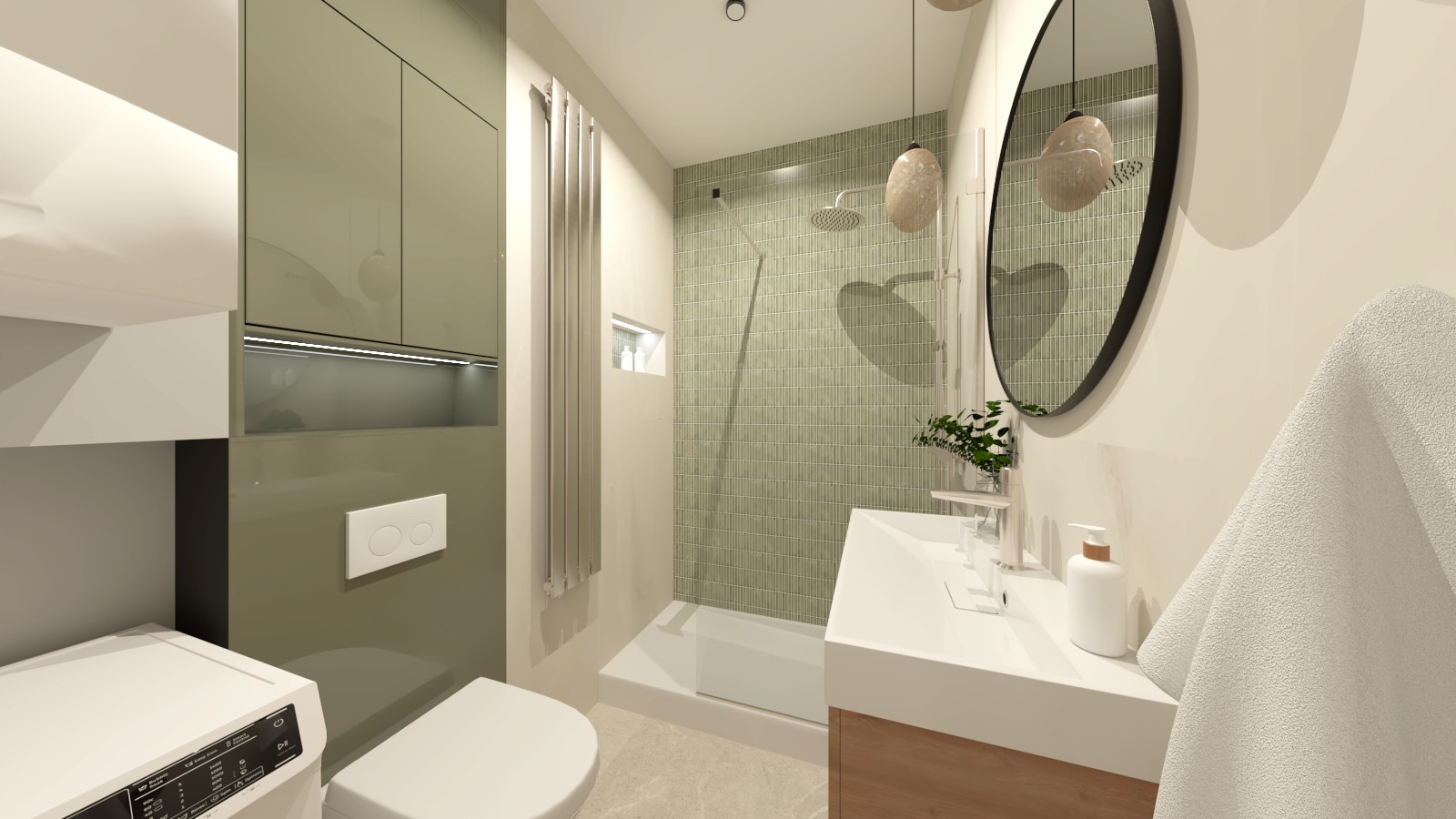 Wizualizacja nowoczesnej łazienki z pralką, kabiną prysznicową wyłożoną zieloną mozaiką, owalnym lustrem i białymi meblami z drewnianymi akcentami.