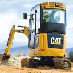 Żółta maszyna budowlana CAT 301.8 z operatorem w kasku i kamizelce odblaskowej, pracująca na placu budowy z górą piasku i żwiru w tle.