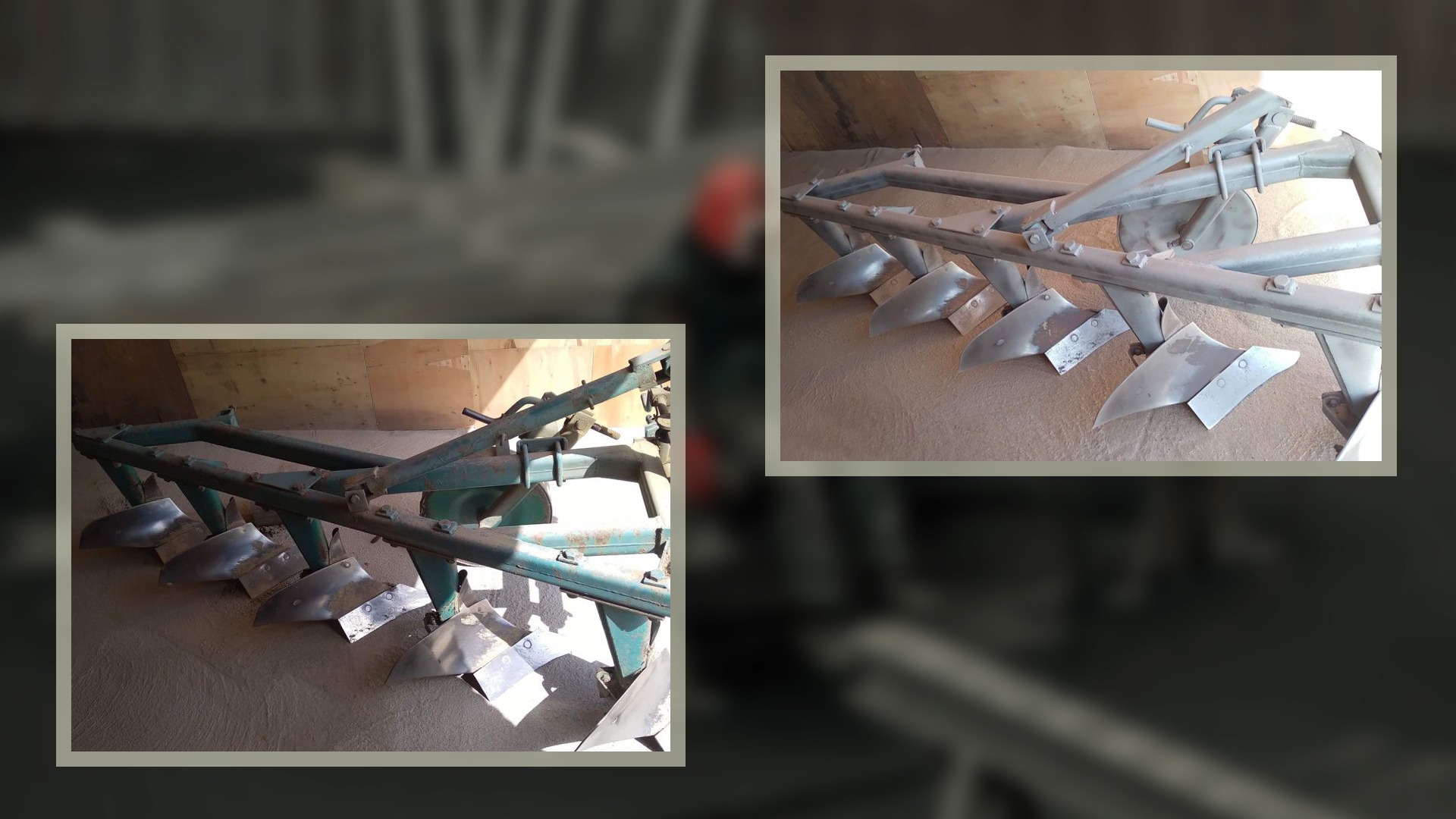 Dwa ujęcia metalowego pługa rolniczego, jeden w kolorze zielonym z rdzawymi plamami, drugi pomalowany proszkowo na szaro, leżące na betonowej podłodze.