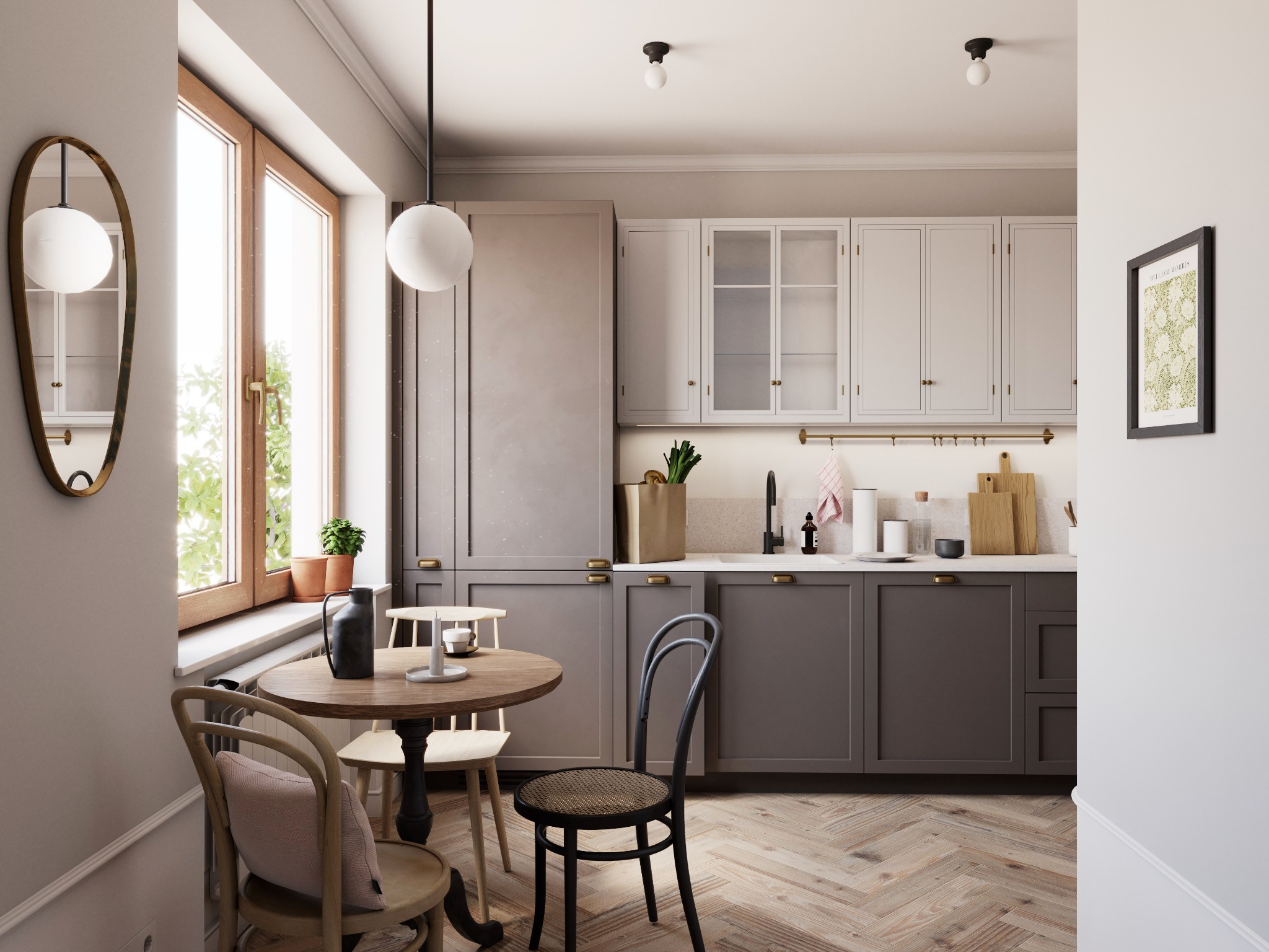 Jasna kuchnia w stylu skandynawskim z drewnianym stołem, krzesłami Thonet, parkietem w jodełkę i dużym oknem z widokiem na zieleń. Na blacie kuchennym widoczne akcesoria i dekoracje.