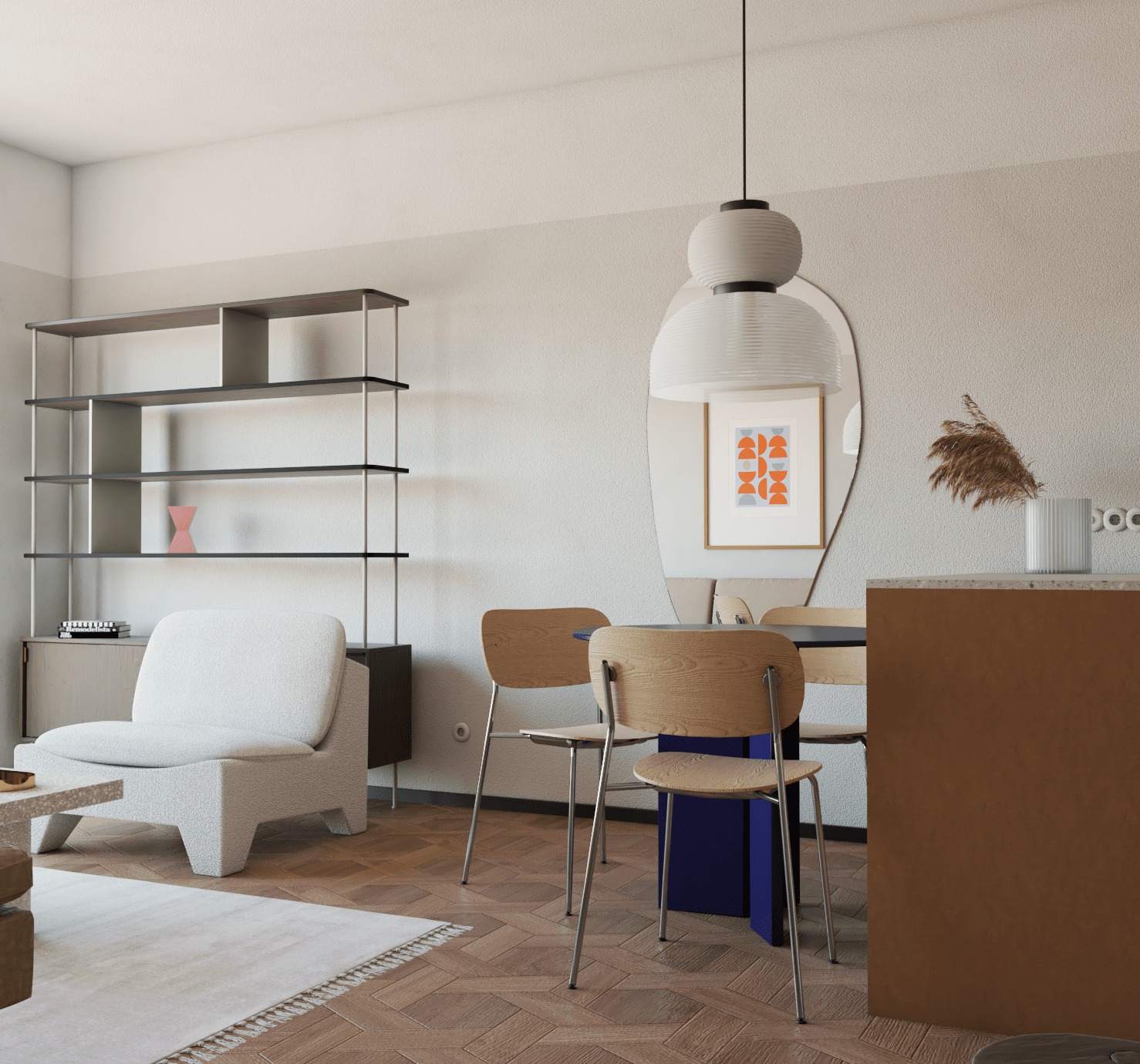 Jasne wnętrze w stylu minimalistycznym z drewnianą podłogą w jodełkę, białym fotelem, regałem, okrągłym stołem z niebieską podstawą i trzema krzesłami oraz lampą wiszącą.